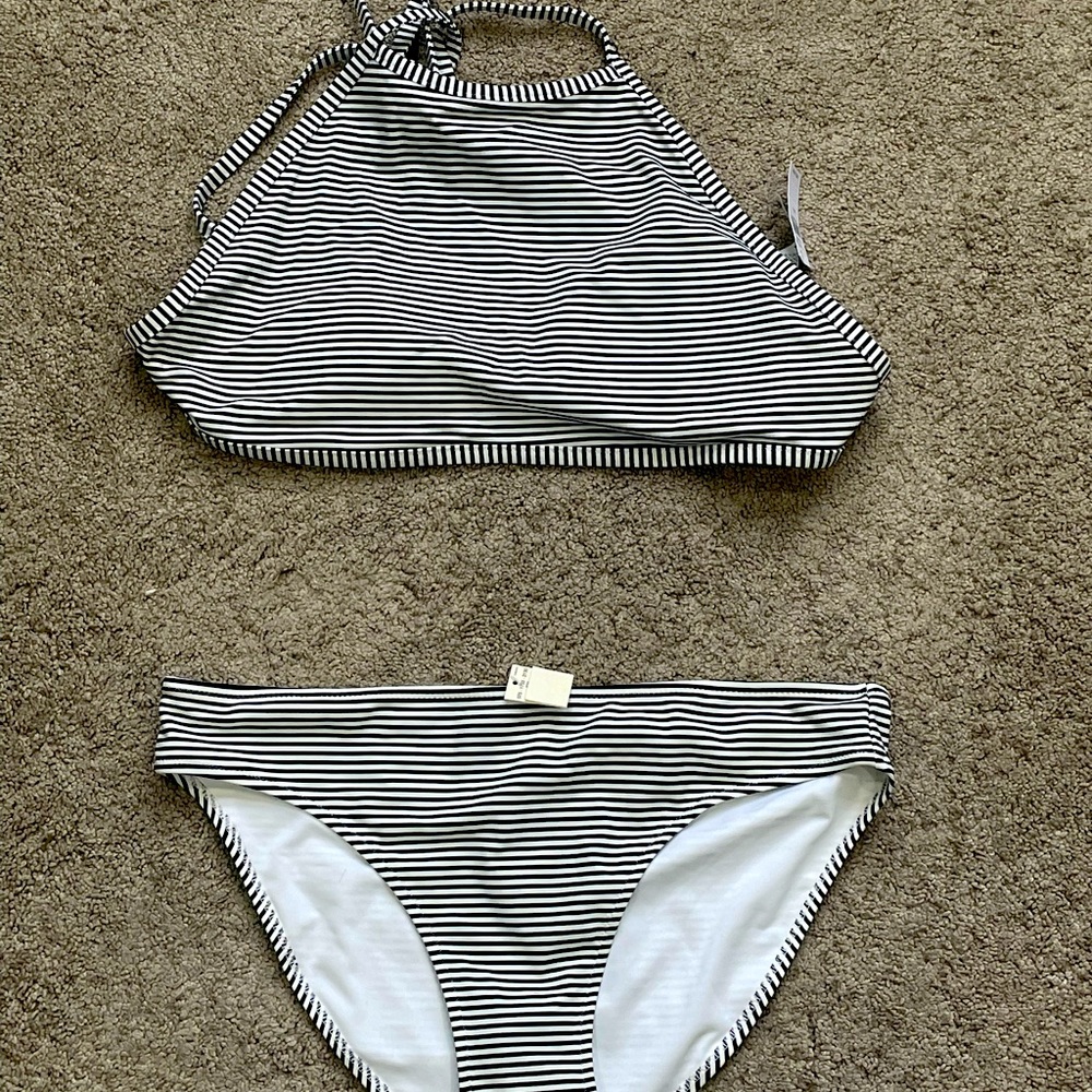 NWT Aerie Black and White Striped High Neck Two Piece Swimsuit